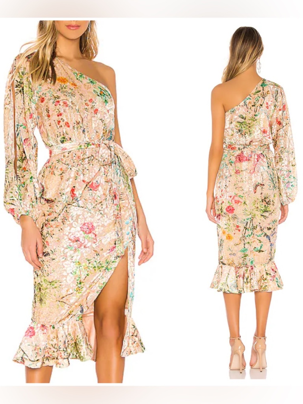 Hemant and Nandita Revolve Veena One-Shoulder Floral Belted Midi Dress NWT $358